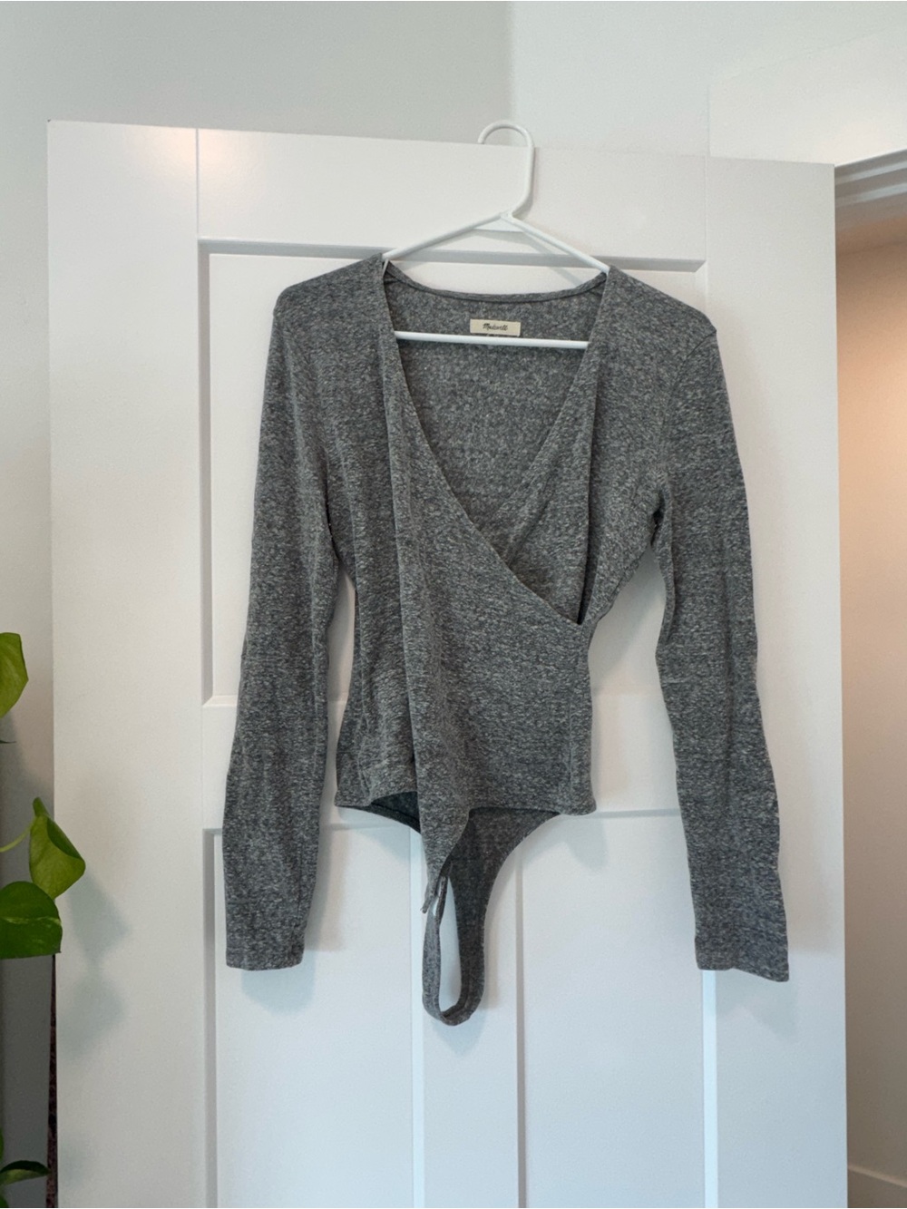 Madewell Heather Gray Wrap-Front Long Sleeve Bodysuit